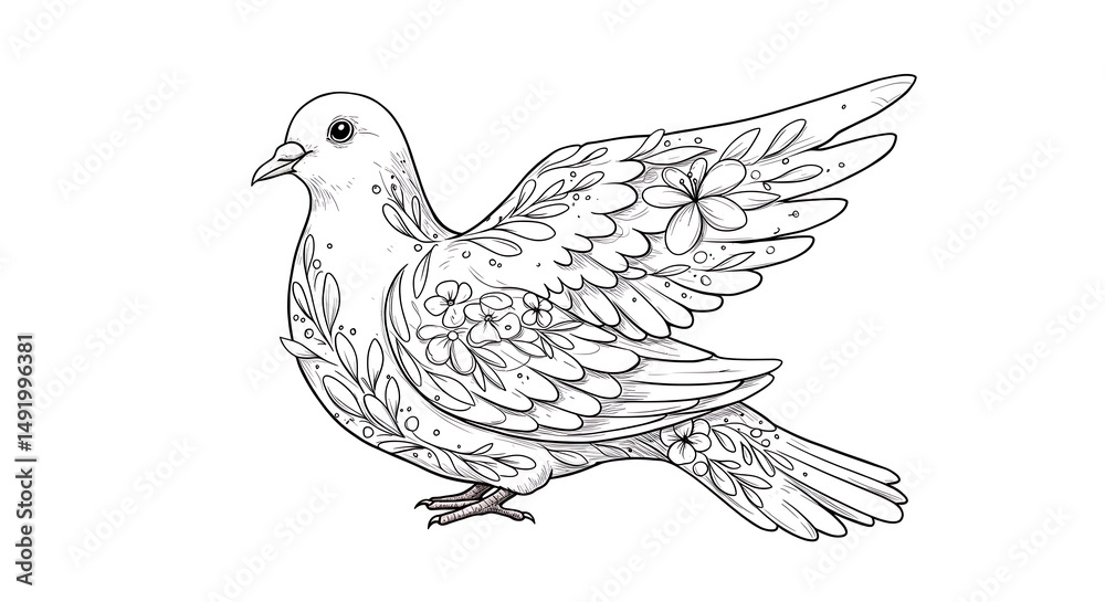 Fototapeta premium Dove with floral pattern illustration