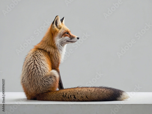 A full-body profile of a fox seated with its back straight