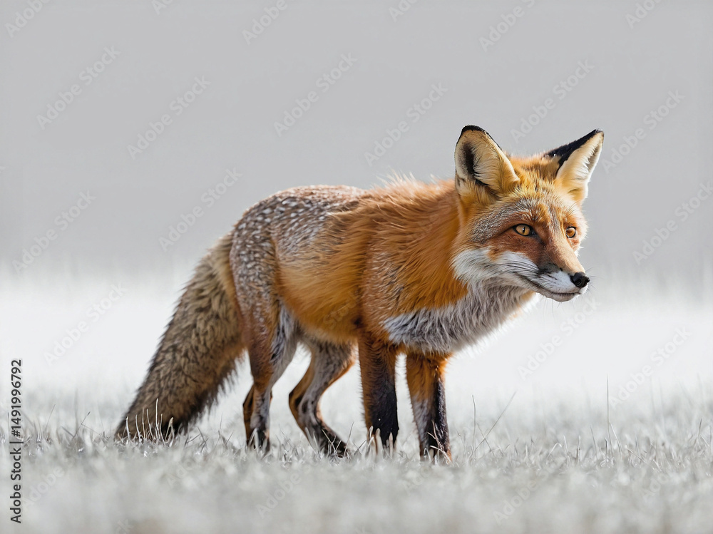 Fototapeta premium A full-body side view of a fox crouched low to the ground in a stalking position