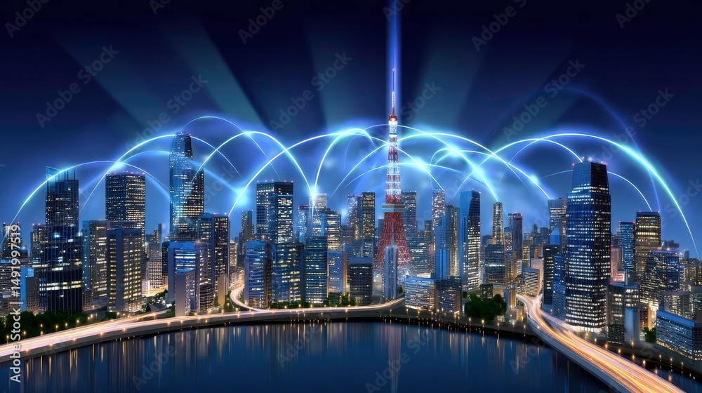 Naklejka premium Smart City Network Technology in Tokyo, Japan at Night - 5G Connectivity and Digital Transformation