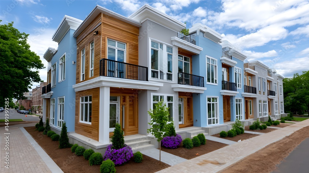 Fototapeta premium Wide angle of team working on multiple townhomes simultaneously