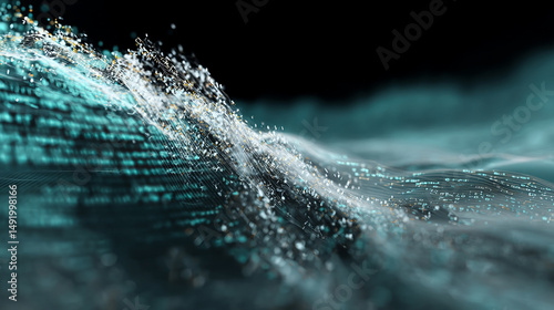 Abstract gradient particle waves seamlessly flowing with soft purple light and bokeh. Orange and blue digital waves. Technology, engineering, science, and artificial intelligence background