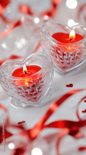 Two Heart Shaped Candles Burning Brightly on White Surface with Red Ribbon and Confetti Close Up