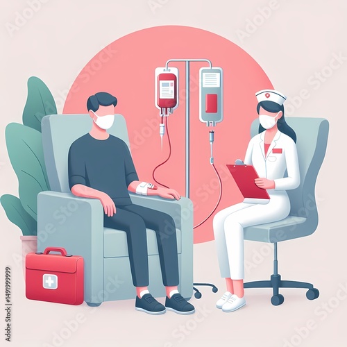 Treatment scene with medic and patient illustration offering medical assistance