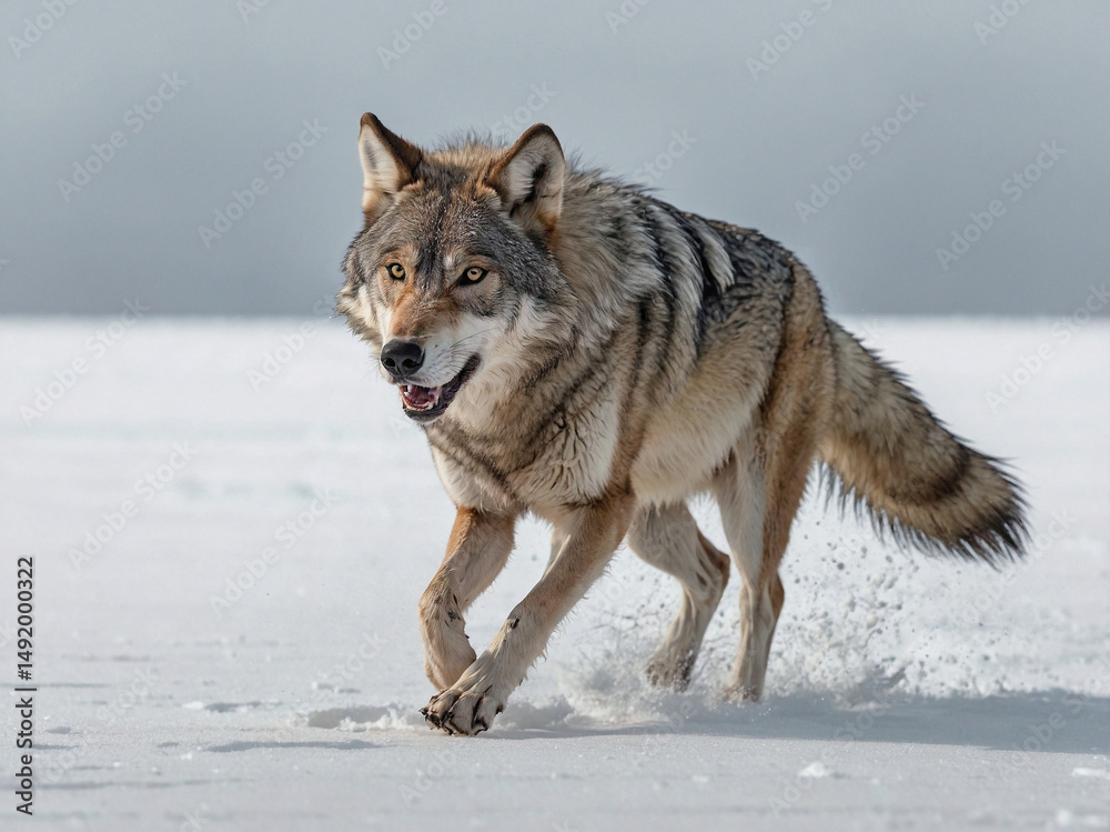 Fototapeta premium A full-body action shot of a wolf mid-run