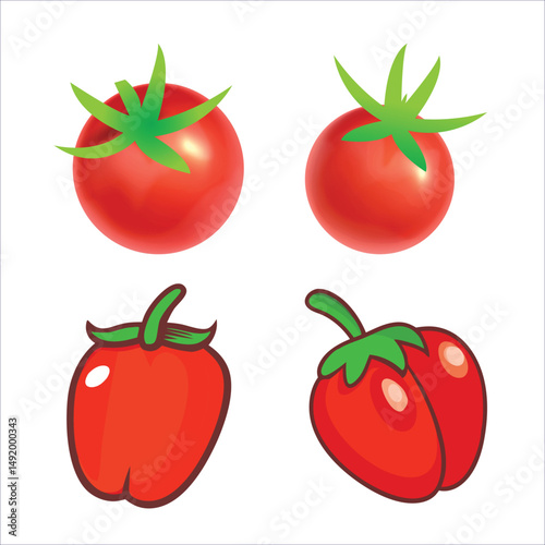  Set of Cartoon and Realistic Red Tomatoes and Peppers, Vector Illustration