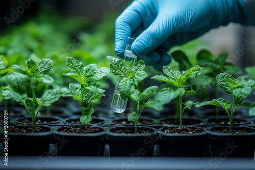a scientist conducting research on genetically modified crops in a laboratory, holding a test tube and analyzing plant samples, brightly lit indoor setup