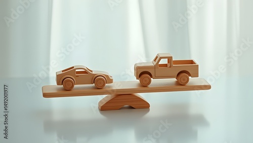 Wooden Toy Cars on Seesaw Balance Concept Image