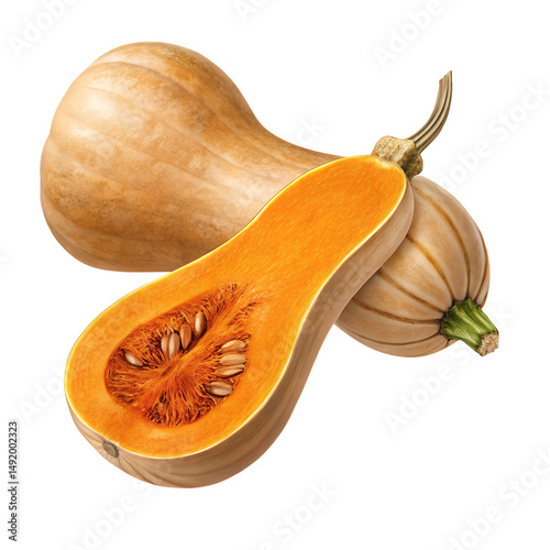 Butternut Squash Freshly Cut: A vibrant and enticing image features a beautifully cut butternut squash, revealing its rich, orange flesh and seeds, alongside a whole squash.