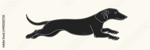 Minimalist continuous line drawing of running dachshund dog silhouette in flat black vector style for pet design concept illustration