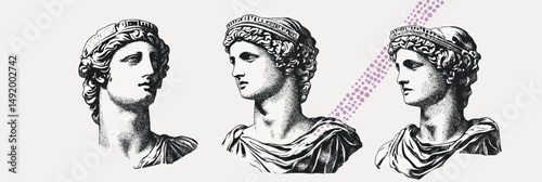 Three antique Greek statue busts with classical features in vintage halftone vector illustration with minimalist flat style and dotted stipple effect