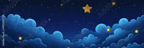 Night sky with blue fluffy clouds and glowing golden stars vector illustration in flat minimalist style seamless background design for wallpaper or pattern