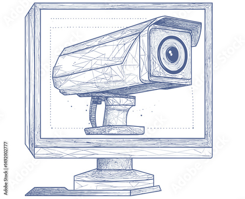 Polygonal 3D security camera displayed on computer monitor screen line sketch with geometric wireframe style surveillance concept illustration