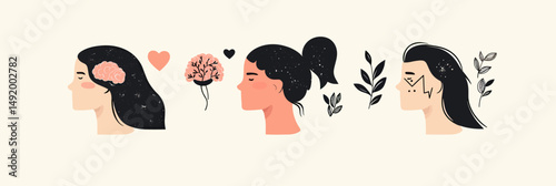 Conceptual mental health and self care illustration with female profiles showing brain, healing, growth, self acceptance, and wellbeing in minimalist flat style vector