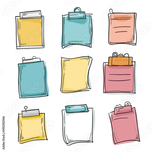 Hand drawn colorful paper memo sticky notes set with clips and pins doodle sketch style collection for reminder and office use vector illustration