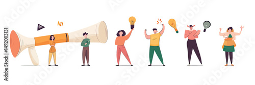 Flat minimalist business people holding megaphone, light bulb, idea symbols, communication, creativity, marketing concept illustration
