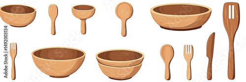 Set wooden kitchen utensils bowls spoons forks knives spatulas eco friendly cooking tools isolated flat vector illustration collection