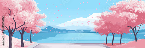Tranquil riverside promenade with blooming cherry blossom trees and distant snowy mountain under clear blue sky vector illustration minimalistic flat design