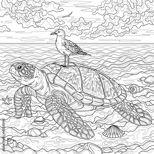 A turtle and a seagull on it.Coloring book antistress for children and adults. 
