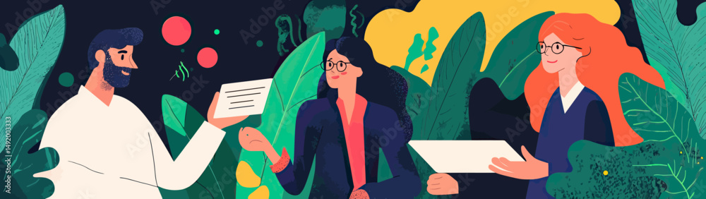 custom made wallpaper toronto digitalDiverse business team exchanging ideas discussing documents in creative office environment with tropical plants flat illustration