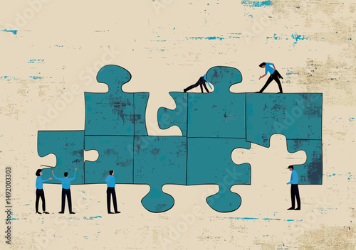 Business team assembling large blue jigsaw puzzle pieces cooperation teamwork concept flat minimalist vector illustration on textured background