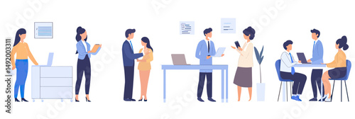 Business people collaborating and working together in office environment, discussing documents, using technology, and meeting at table in flat minimalist vector style illustration