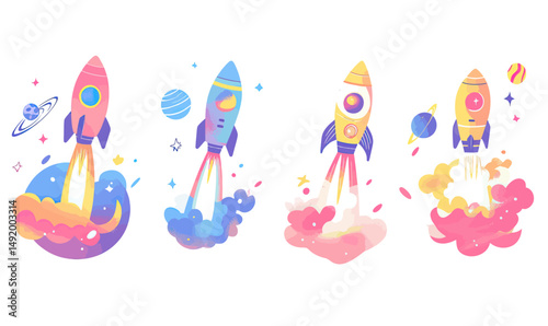 Four colorful rocket illustrations launching into space with planets, stars, clouds, and vibrant smoke in flat minimalist vector style on white background