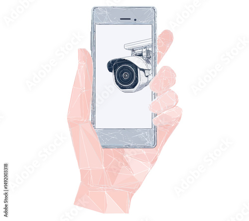 Polygonal 3D hand holding smartphone displaying security surveillance camera icon isolated white background technology privacy concept vector illustration