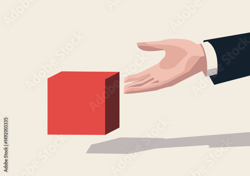 Businessman hand rejecting red cube box symbolizing refusal to accept change risk or decision making in flat minimalist vector style concept
