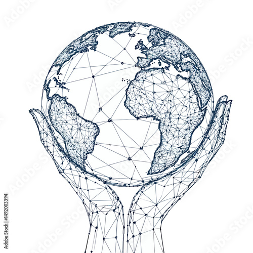 Abstract wireframe digital Earth globe held by connected low poly 3d hands with network nodes and lines in white minimal style concept for environment and global connection