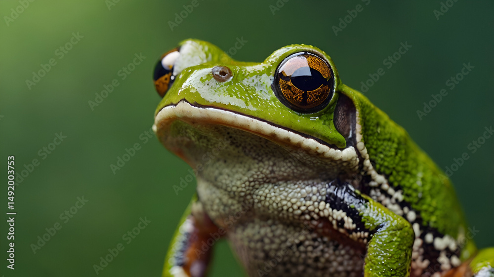 Obraz premium Crowned Tree Frog closeup with green blur background 