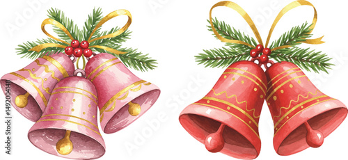 Watercolor Christmas Bells with Ribbon and Evergreen
