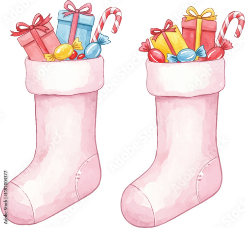 Watercolor Christmas Stockings with Gifts and Candies