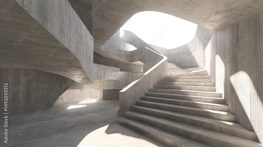 Obraz premium Abstract concrete architectural interior. Sunlight streams into a modern, winding staircase and hallway