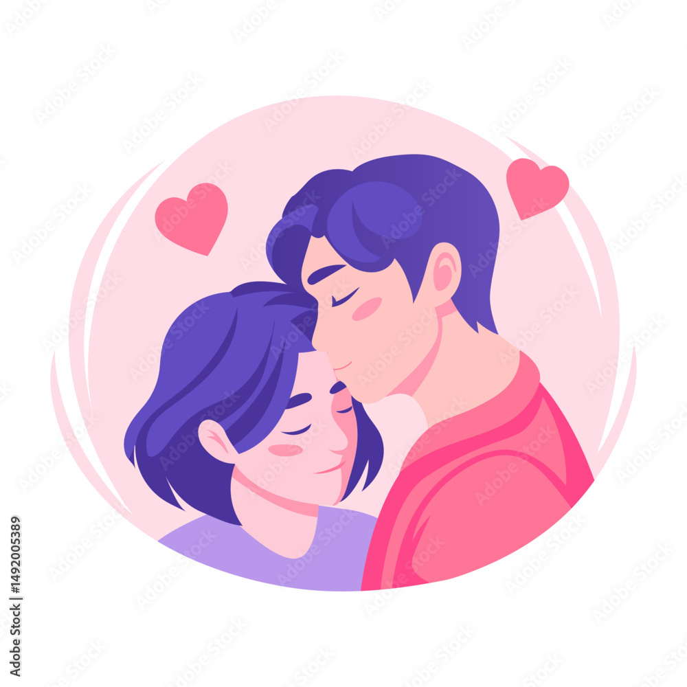 Flat style illustration showing a husband giving forehead kiss to his wife Flat style illustration showing a husband giving forehead kiss to his wife