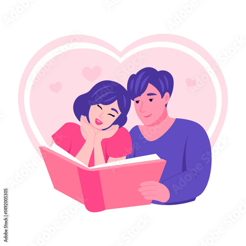 A flat style illustration showing a couple reading book