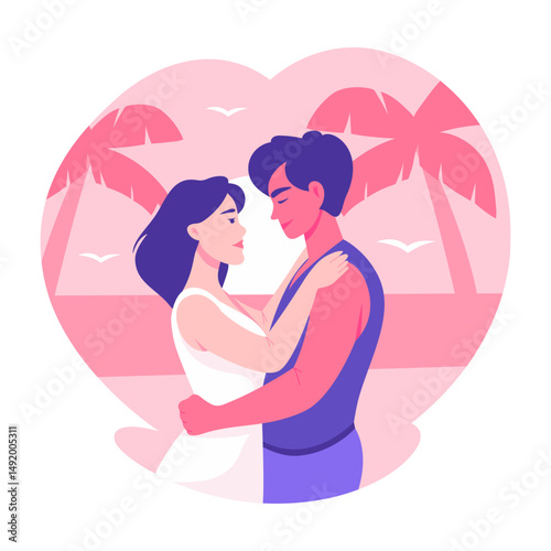 A flat style illustration showing a couple doing beach romance