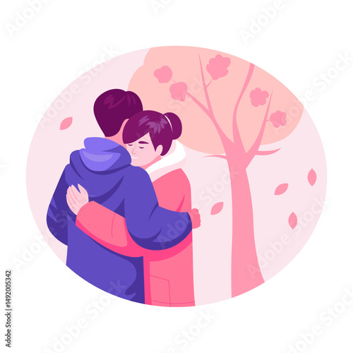 A flat style illustration showing a couple giving hug to each other