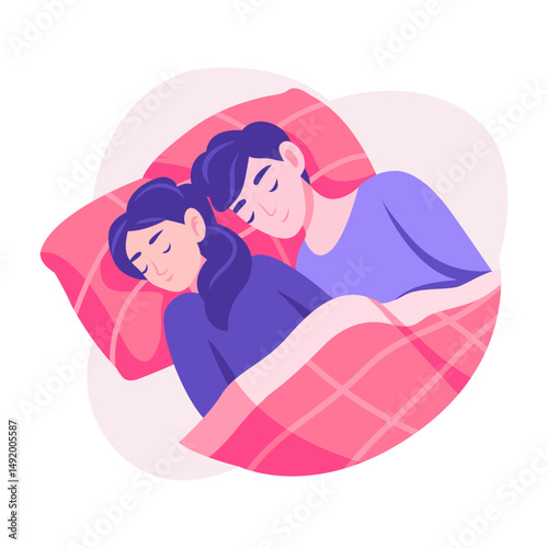 A flat style illustration showing a couple nap