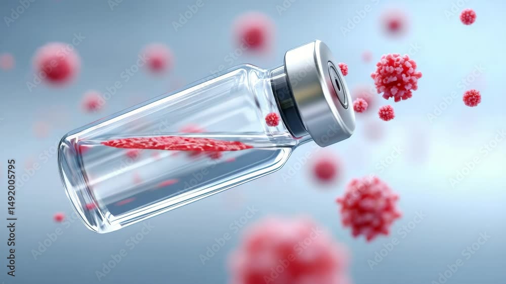 Transparent Vaccine Vial Surrounded by Floating Red Virus Particles in a Soft Focus Background