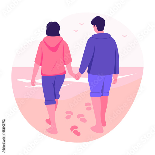 A couple doing beach walk and holding hands, flat style illustration