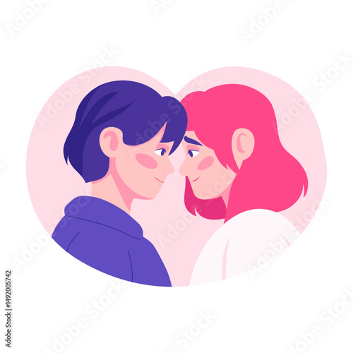 A flat style illustration showing a couple eye contact