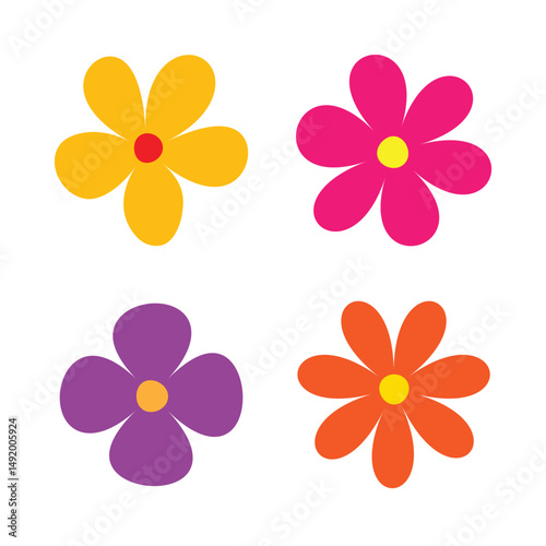 Collection of colorful flower elements in vector. Cute round flower head in various shapes. Simple botanical spring blossom art. Abstract organic petal floral design.