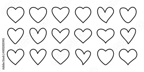 A collection of outline heart vector illustrations in various styles, symbolizing love. These heart icons are perfect for romantic designs, decorations, and creative projects. Heart, love line icon.
