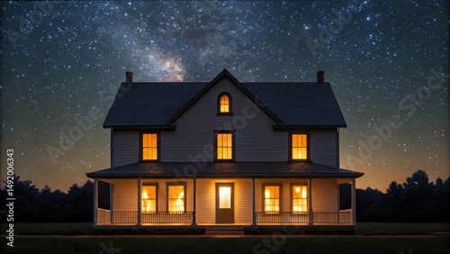 Cozy House with Warm Windows Beneath a Starry Sky and Candles