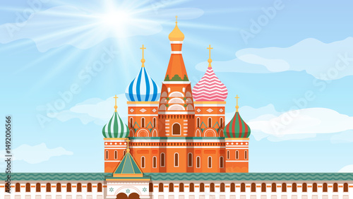 Canvas Print Illustrated st basil's cathedral with bright domes against a sunny sky backgroun