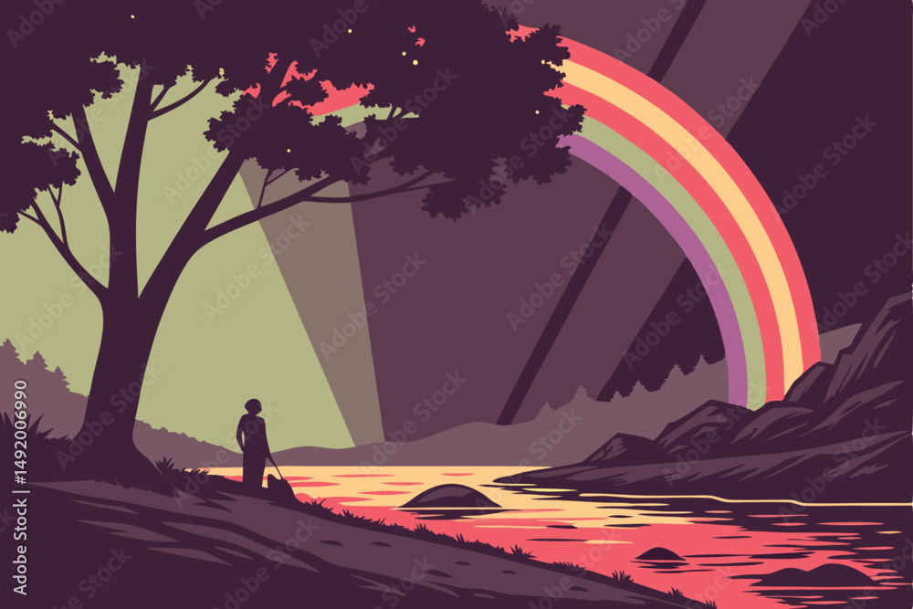 Fototapeta premium 23 glowing rainbow arch, vibrant colors, digital art, 4k, surreal landscape, minimal background, dark environment, dramatic lighting, reflective water surface, cinematic composition