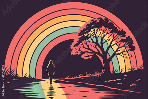 23 glowing rainbow arch, vibrant colors, digital art, 4k, surreal landscape, minimal background, dark environment, dramatic lighting, reflective water surface, cinematic composition