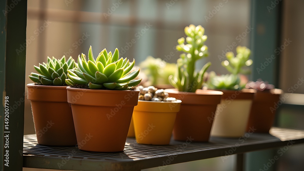 Sunlit Succulents in Terracotta Pots on Shelf Sunlit Succulents in Terracotta Pots on Shelf