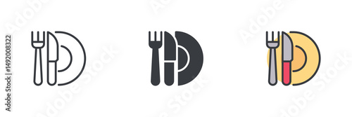 Fork, knife, and plate different style icon set